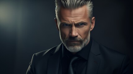 Fototapeta premium Close-up portrait of a serious-looking man with grey hair and beard, wearing a black suit and tie, looking directly at the camera.