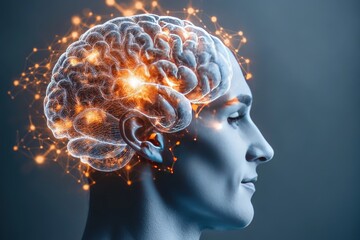 Obraz premium Side profile of a person with a glowing brain set against a dark blue background symbolizing deep thought creativity and the intricate complexity of the human mind in a modern abstract setting