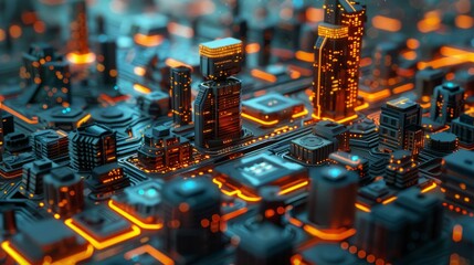 Futuristic cityscape illuminated with glowing circuit patterns at night