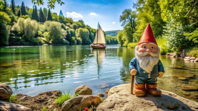 A cheerful gnome stands at the riverbank of Rh&ocirc;ne, surrounded by lush greenery, with a miniature sailing boat floating on the calm waters behind it.