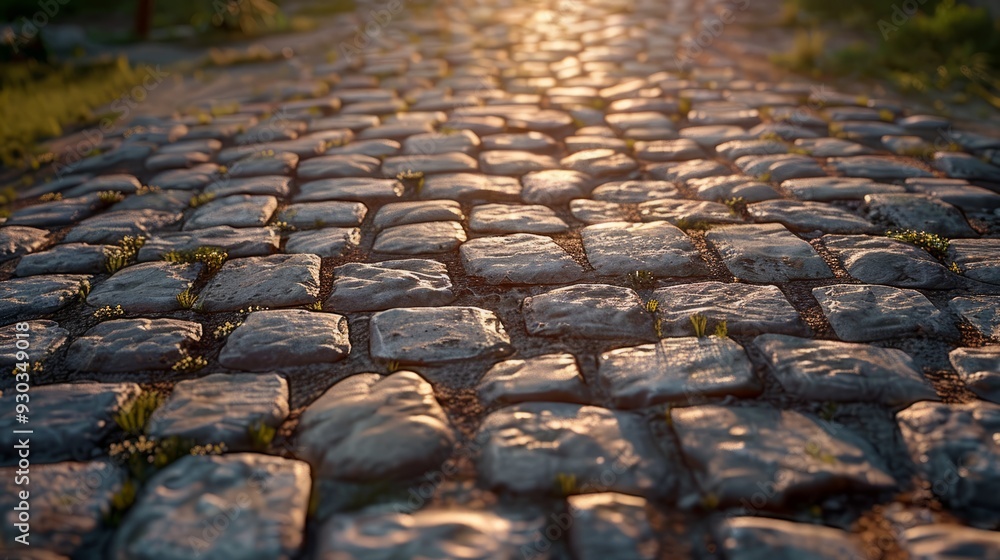 Poster sunset over a cobblestone path lined with grass in a tranquil outdoor setting