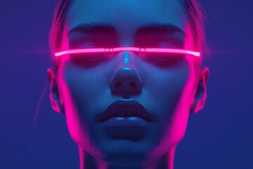 Abstract digital illustration of a person with glowing red eyes symbolizing the fiery energy of creativity and the intense connection between thought and emotion in a futuristic high tech setting