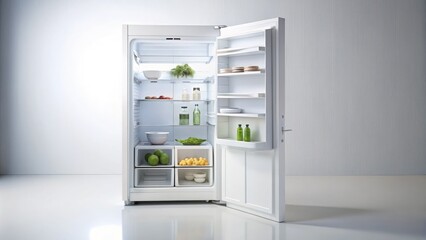 A clean and modern white refrigerator door with a subtle sheen, set against a crisp white background, ideal for overlaying food or product images.