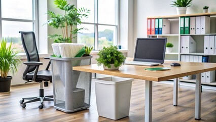 A clean and organized office desk with a trash can, recycling bin, and disinfectant wipes, promoting a healthy and productive work environment.