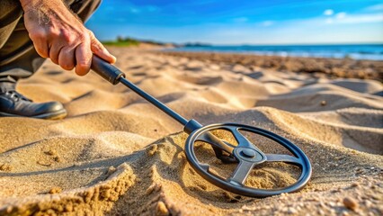 A close-up of a person's hand holding a metal detector's search coil, scanning a sandy beach for hidden treasures or lost artifacts.