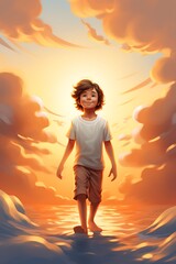 Fototapeta premium cartoon boy walking on a beach at sunset with clouds in the background