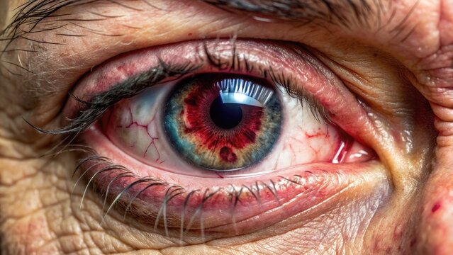 A close-up of a human eye with a scratched and cracked cornea, bloodshot and bruised, surrounded by dark circles and swollen eyelids, conveying severe eye damage.