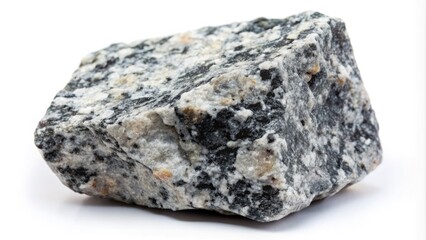 A close-up of a richly textured, grey granite rock with subtle flecks of silver and black, isolated on a pure white background for contrast.