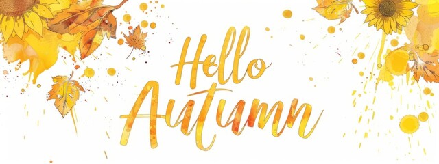 Hello autumn lettering quote with watercolor september maple leaves, sunflower, splashes on white background. Hello fall typography design inspiration. Autumn frame for greeting card, banner, poster