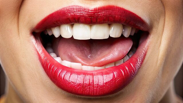 A close-up of a person's mouth with lips parted, teeth visible, and tongue slightly raised, conveying confidence and authority in verbal communication.