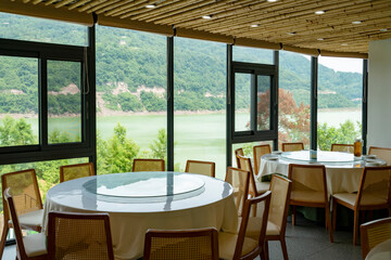 The chairs in the lakeside restaurant