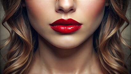 Fototapeta premium A close-up of a young woman's full, plump lips, pursed into a sultry pout, with a subtle shine and a hint of soft, natural color.
