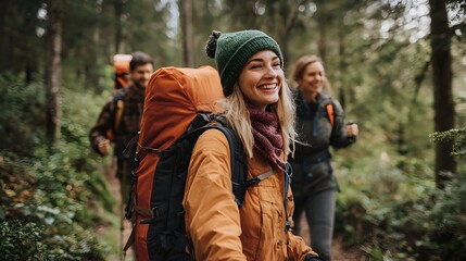 Fototapeta premium Friends Hiking Through Lush Forest Landscape on Adventurous Outdoor