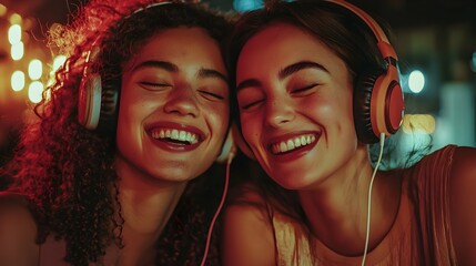 Friends Sharing Headphones,Connecting Through Music in Intimate Moment