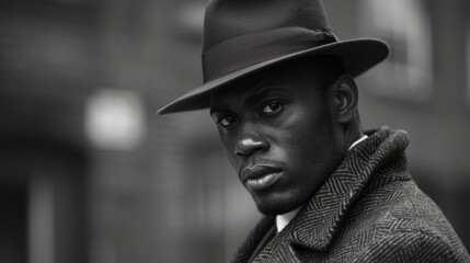Man in a vintage coat and hat poses thoughtfully on a city street at dusk