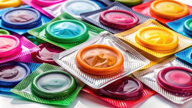 A close-up shot of a variety of colorful female condoms with different textures and sizes laid out on a white background, highlighting contraception options.