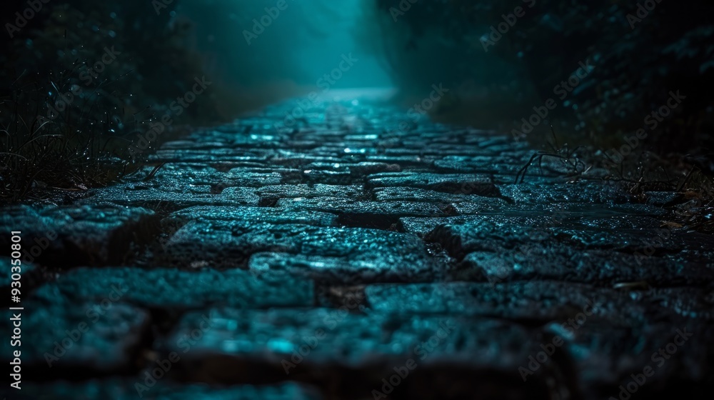 Aufkleber foggy cobblestone path illuminated by soft light in a serene forest at dusk