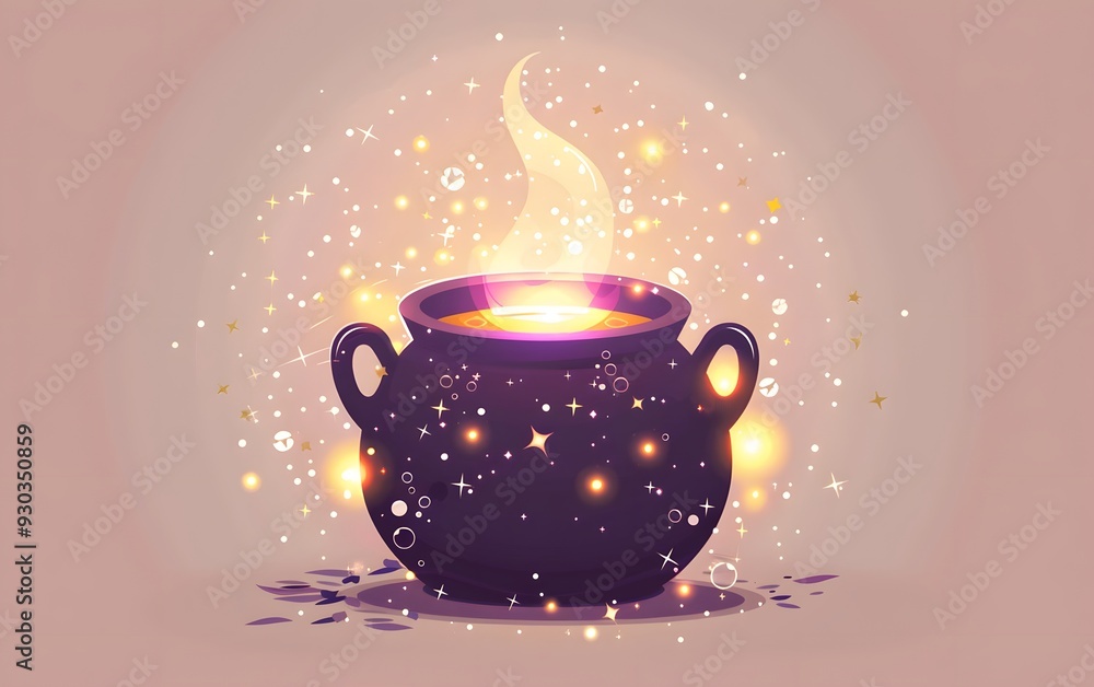 Poster magical cauldron with glowing light and sparkles, representing fantasy and enchantment on a soft bac