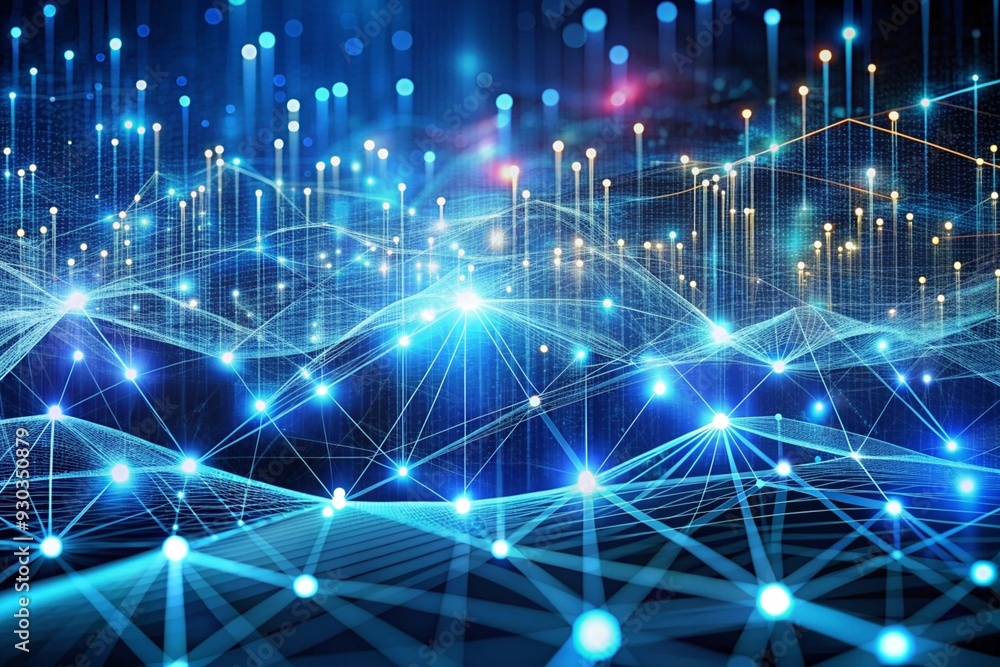 Poster digital horizon: a mesmerizing expanse of interconnected nodes and pulsating lights illustrates the 