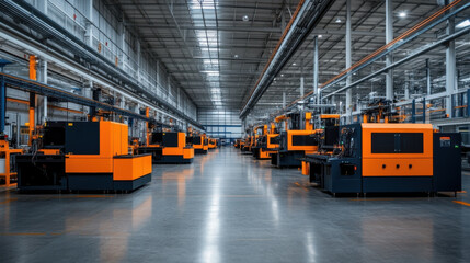 A spacious and empty modern factory floor equipped with advanced machinery, showcasing a clean, organized, and high-tech industrial environment.