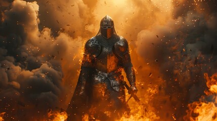 Knight in shining armor emerging from flames with smoke billowing in a dramatic sunset backdrop