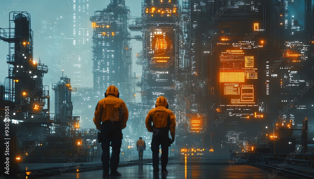 Poster futuristic technology concept team of engineers and professional workers in a digitalized heavy indu