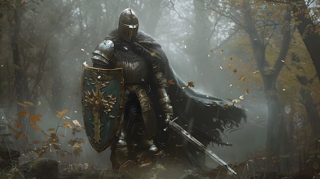 Medieval knight standing resolute in a misty forest, adorned in full armor, holding a shield and sword with a background of fall foliage.