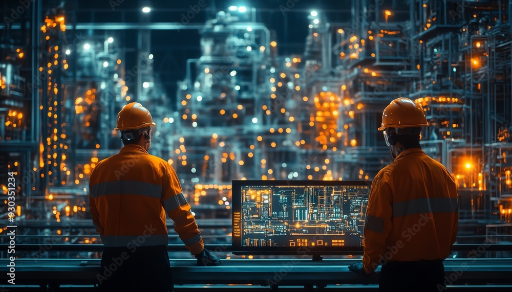 Poster hightech manufacturing engineers and professional workers in a futuristic digital twin of a heavy in