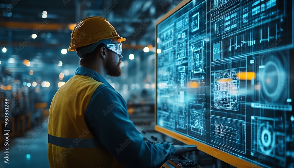 Poster hightech manufacturing engineers and professional workers in a futuristic digital twin of a heavy in