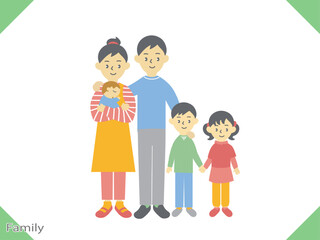 家族のイラスト、若い夫婦と子供3人の家族