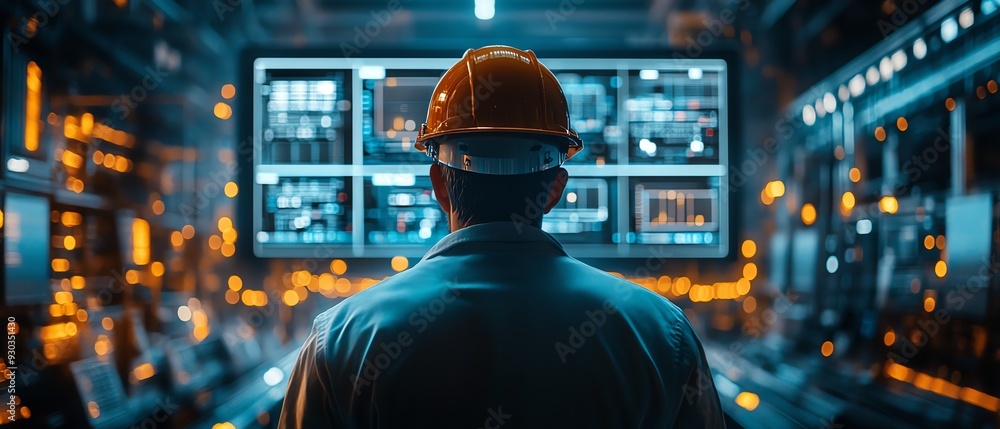 Poster advanced technology in manufacturing engineers and workers in a futuristic digital twin of a heavy i