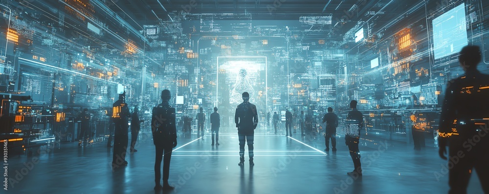 Poster digital twin manufacturing team of engineers and professional workers in a futuristic digitalized fa