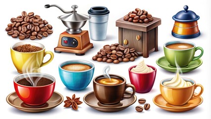A collection of colorful icons featuring coffee cups, steam, beans, and brewing equipment, perfect for adding a caffeine kick to your digital designs.
