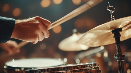 A dynamic image of a drummer in action, as they strike the cymbals with drumsticks, creating an energetic atmosphere illuminated by warm stage lights, eliciting a lively performance.