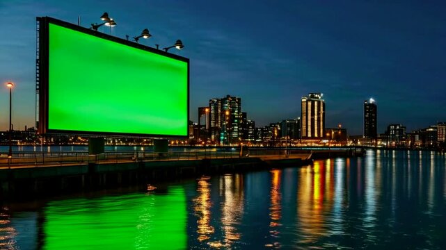 Timelapse green screen billboard on waterfront with night traffic. Vertical lightbox with chroma key on city street. Streetlights reflection on water. Commercial information