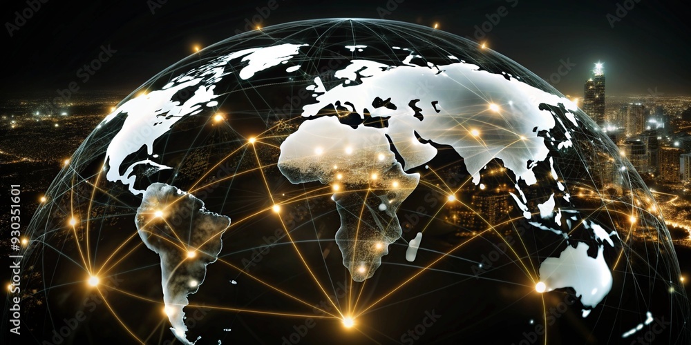 Poster global network: a futuristic, ethereal depiction of a glowing, interconnected world map hovering abo