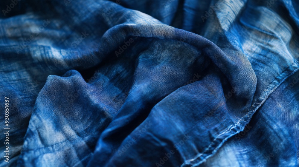 Poster A piece of blue textured fabric lies gently on a surface, displaying subtle variations in color and pattern under soft natural light.
