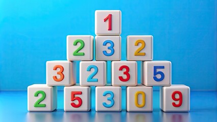 A colorful arrangement of large, white, glossy number blocks from 1 to 20 on a bright blue background, perfect for educational or playful contexts.