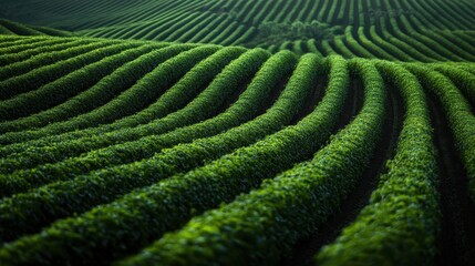 An expansive view of lush green agricultural fields with perfectly parallel rows of crops, exemplifying the beauty of organized farming and the bounty of nature.