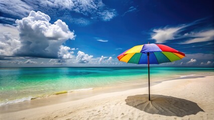 A colorful beach umbrella provides a serene shaded oasis on a sunny day, surrounded by calm turquoise waters and soft white sand.