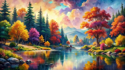 Autumn Majesty Reflected: Majestic mountains preside over a vibrant autumnal forest, their grandeur mirrored in a crystal-clear lake.  