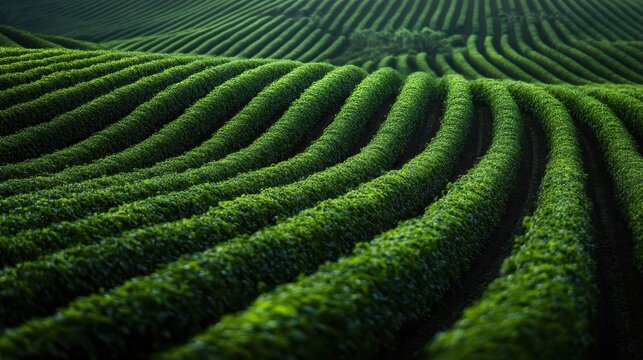 An expansive view of lush green agricultural fields with perfectly parallel rows of crops, exemplifying the beauty of organized farming and the bounty of nature.