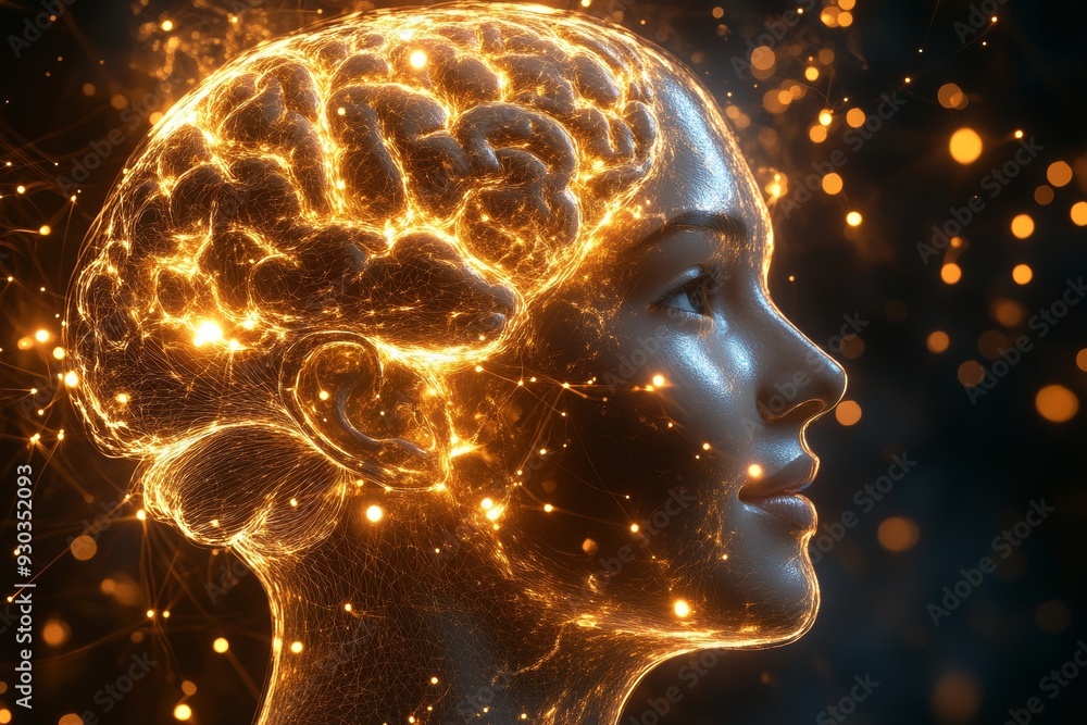 Poster a luminous profile of a womans face blending with golden particles symbolizing knowledge intelligenc