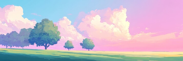 Fototapeta premium With lush green fields by a forest and an open sky offering views of nature's diverse landscapes, the scene evokes a peaceful atmosphere.