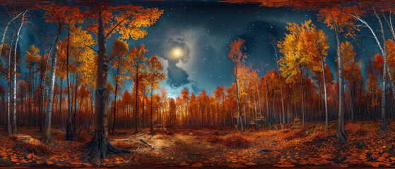 Naklejka premium A serene autumn forest scene with vibrant orange leaves, glowing moon, and starry sky, evoking sense of tranquility and wonder.