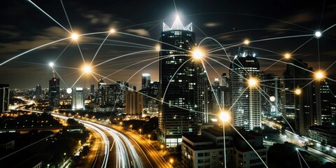 Cityscape of Connectivity: A captivating night cityscape with glowing lights, symbolizing the interconnectedness and dynamism of modern urban life.  A web of light trails represents the constant flow 