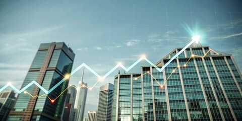 Cityscape Growth: A vibrant cityscape backdrop with a dynamic stock market graph soaring upwards, representing financial success and upward trajectory.  