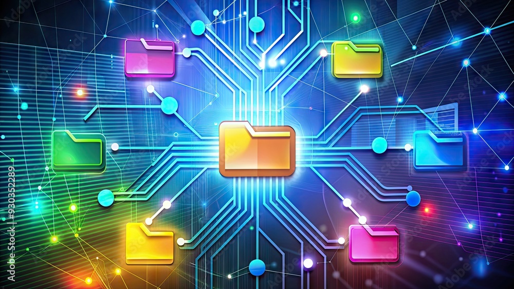 Poster a colorful illustration of a file transfer protocol (ftp) icon surrounded by uploading and downloadi