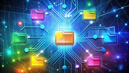 A colorful illustration of a file transfer protocol (FTP) icon surrounded by uploading and downloading files, wires, and network symbols, representing data exchange.