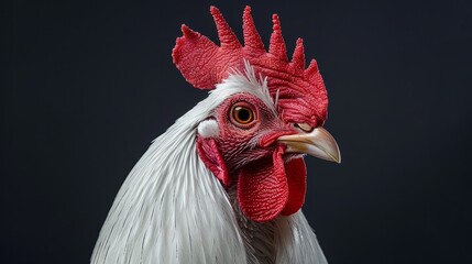 Close-up of a white rooster with vibrant feathers against a dark background